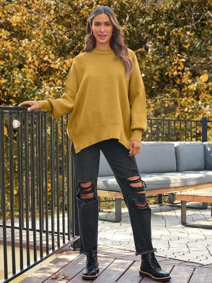 Women's Oversized Batwing Sweaters  Trendy Crewneck Knit Side Slit Fashion Pullover Tops