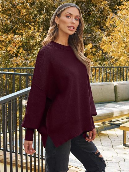 Women's Oversized Batwing Sweaters  Trendy Crewneck Knit Side Slit Fashion Pullover Tops