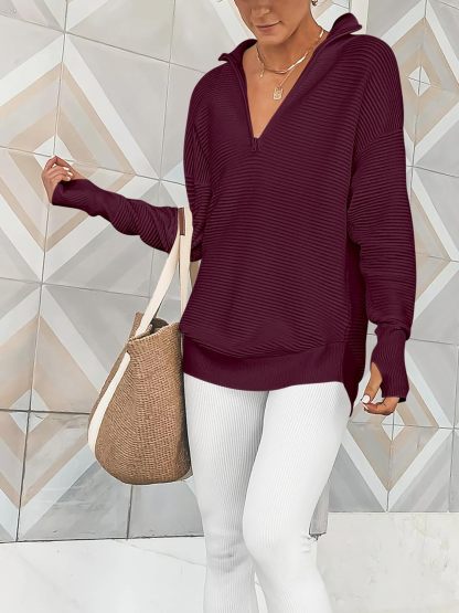 Womens Long Sleeve Quarter Zip Pullover Sweater Casual Loose V Neck Collared Ribbed Knit Jumper Tops Thumb Hole
