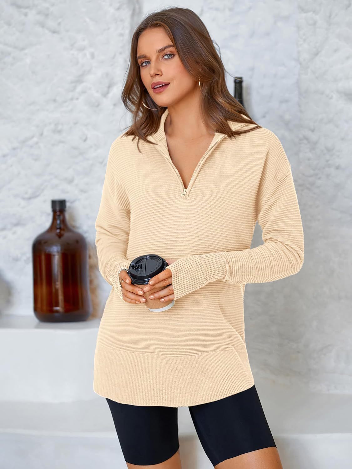  Womens Long Sleeve Quarter Zip Pullover Sweater Casual Loose V Neck Collared Ribbed Knit Jumper Tops Thumb Hole