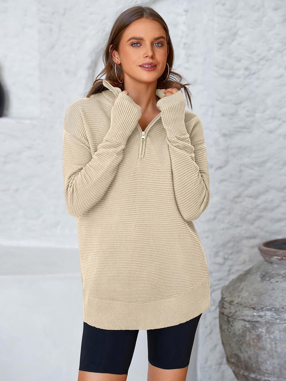  Womens Long Sleeve Quarter Zip Pullover Sweater Casual Loose V Neck Collared Ribbed Knit Jumper Tops Thumb Hole