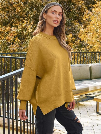 Women's Oversized Batwing Sweaters  Trendy Crewneck Knit Side Slit Fashion Pullover Tops
