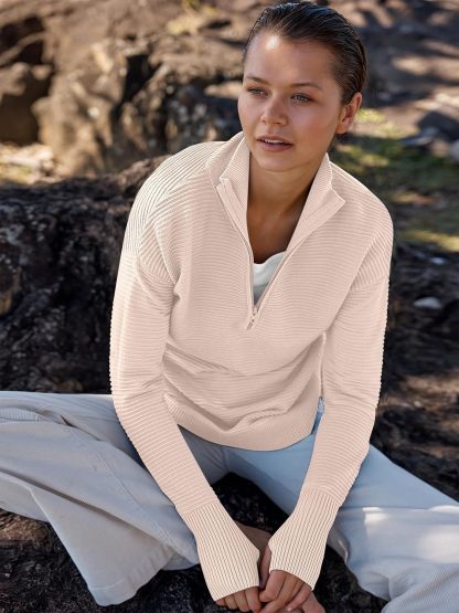 Womens Long Sleeve Quarter Zip Pullover Sweater Casual Loose V Neck Collared Ribbed Knit Jumper Tops Thumb Hole