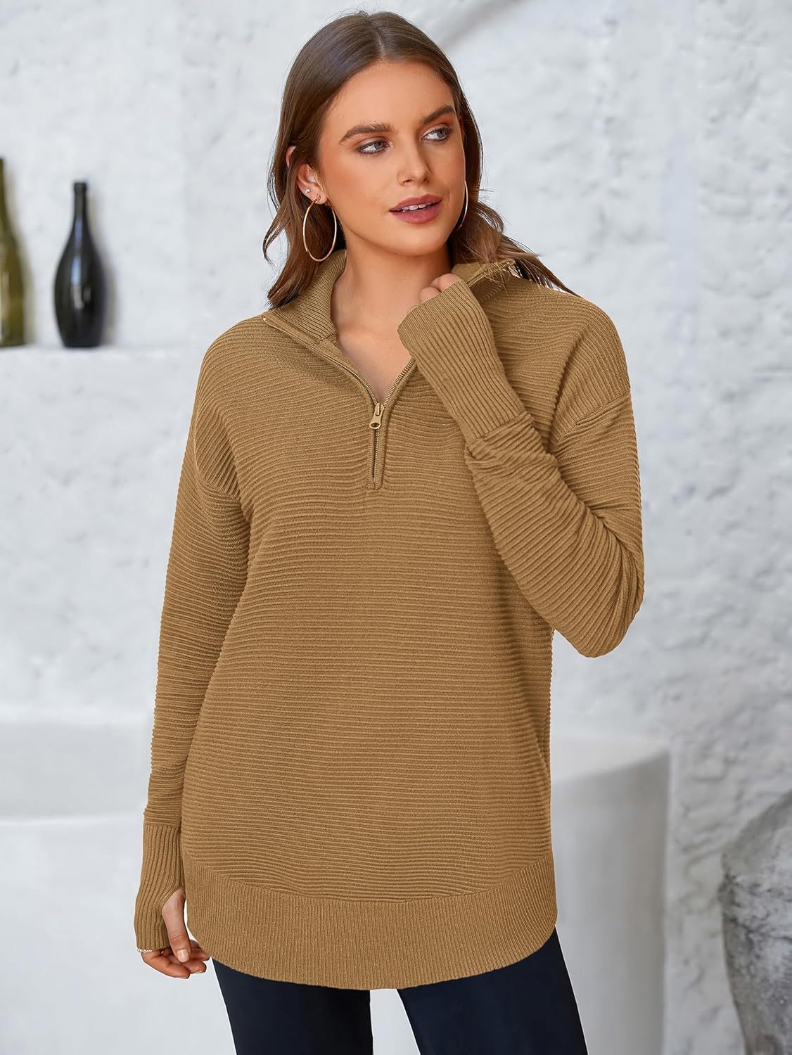  Womens Long Sleeve Quarter Zip Pullover Sweater Casual Loose V Neck Collared Ribbed Knit Jumper Tops Thumb Hole