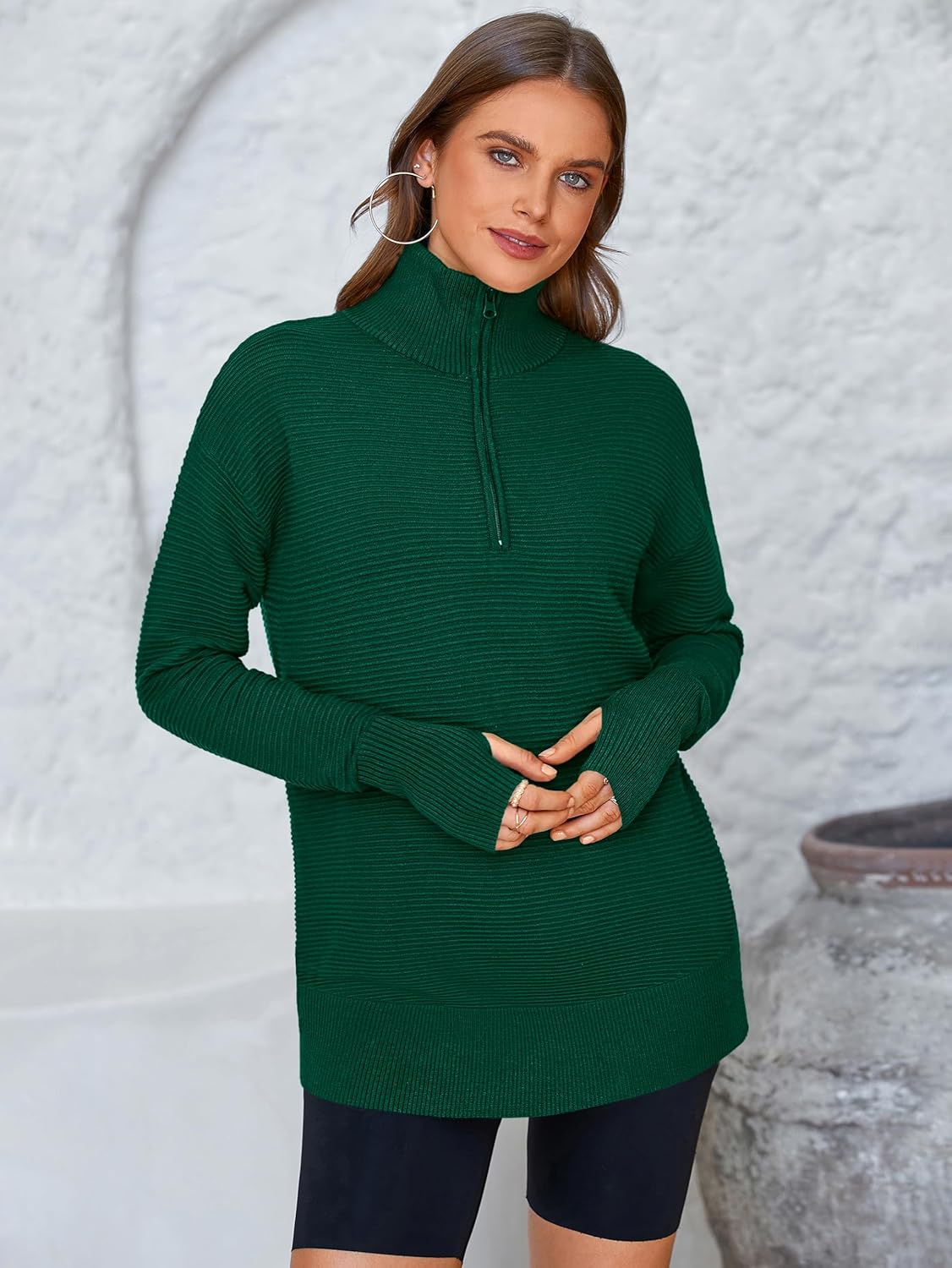  Womens Long Sleeve Quarter Zip Pullover Sweater Casual Loose V Neck Collared Ribbed Knit Jumper Tops Thumb Hole