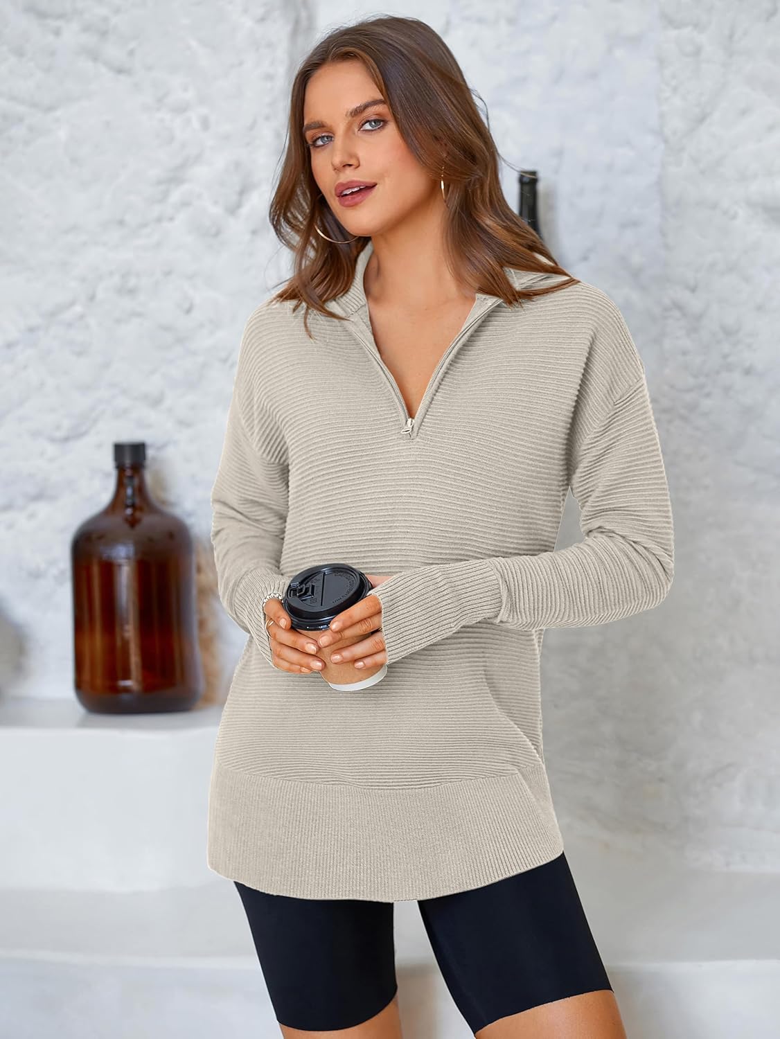  Womens Long Sleeve Quarter Zip Pullover Sweater Casual Loose V Neck Collared Ribbed Knit Jumper Tops Thumb Hole