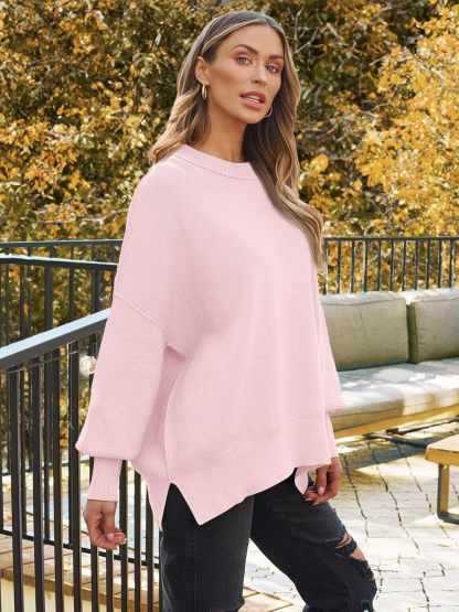 Women's Oversized Batwing Sweaters  Trendy Crewneck Knit Side Slit Fashion Pullover Tops