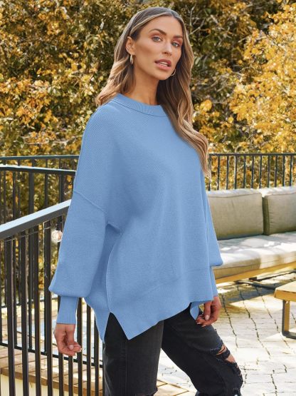 Women's Oversized Batwing Sweaters  Trendy Crewneck Knit Side Slit Fashion Pullover Tops