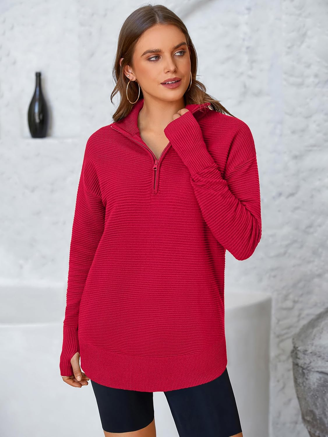  Womens Long Sleeve Quarter Zip Pullover Sweater Casual Loose V Neck Collared Ribbed Knit Jumper Tops Thumb Hole