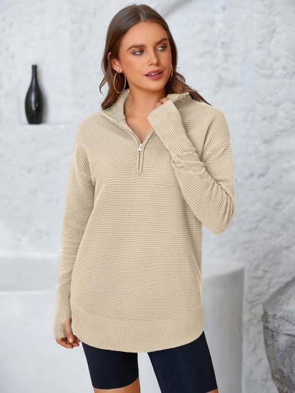  Womens Long Sleeve Quarter Zip Pullover Sweater Casual Loose V Neck Collared Ribbed Knit Jumper Tops Thumb Hole