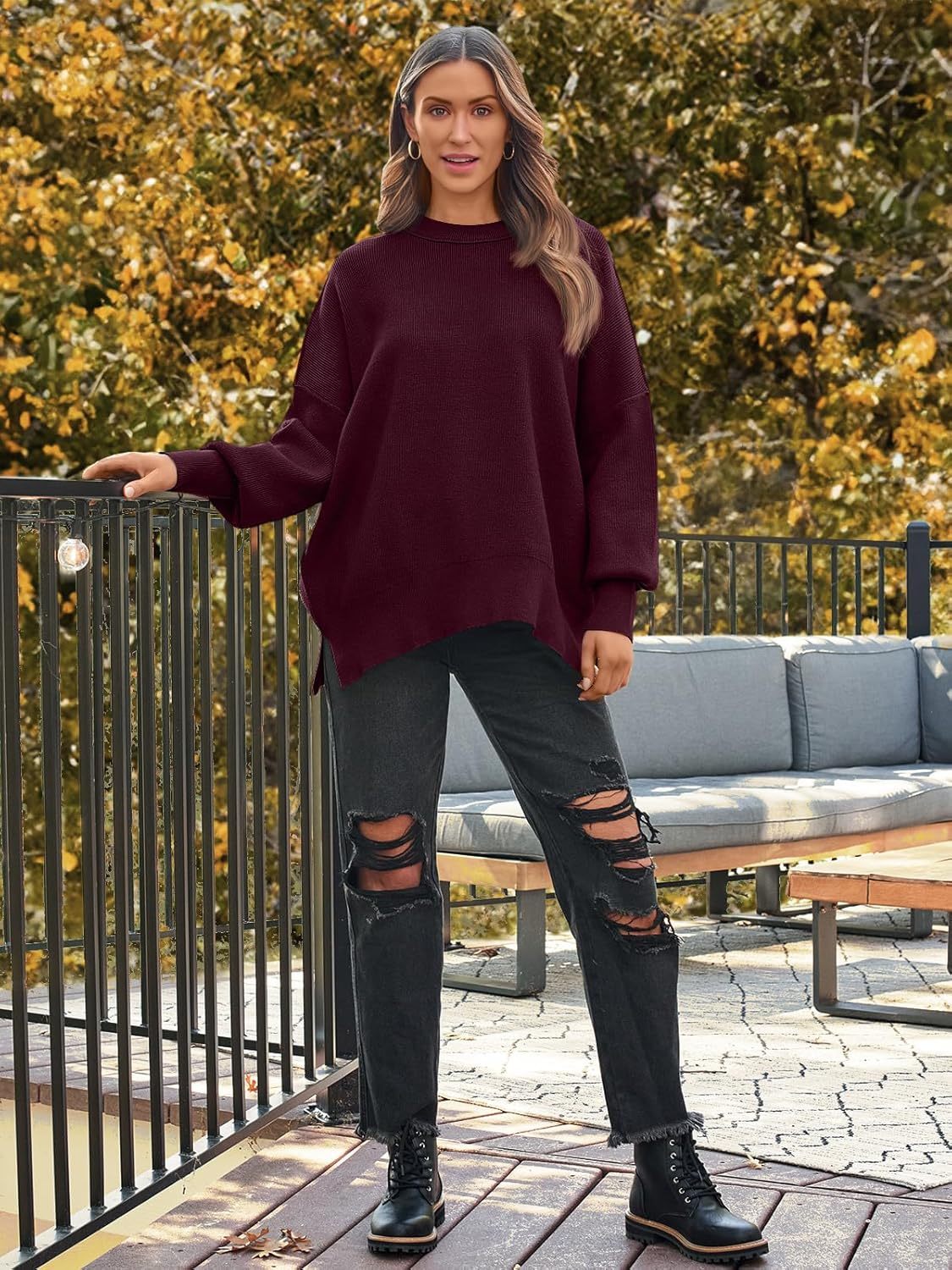 Women's Oversized Batwing Sweaters  Trendy Crewneck Knit Side Slit Fashion Pullover Tops