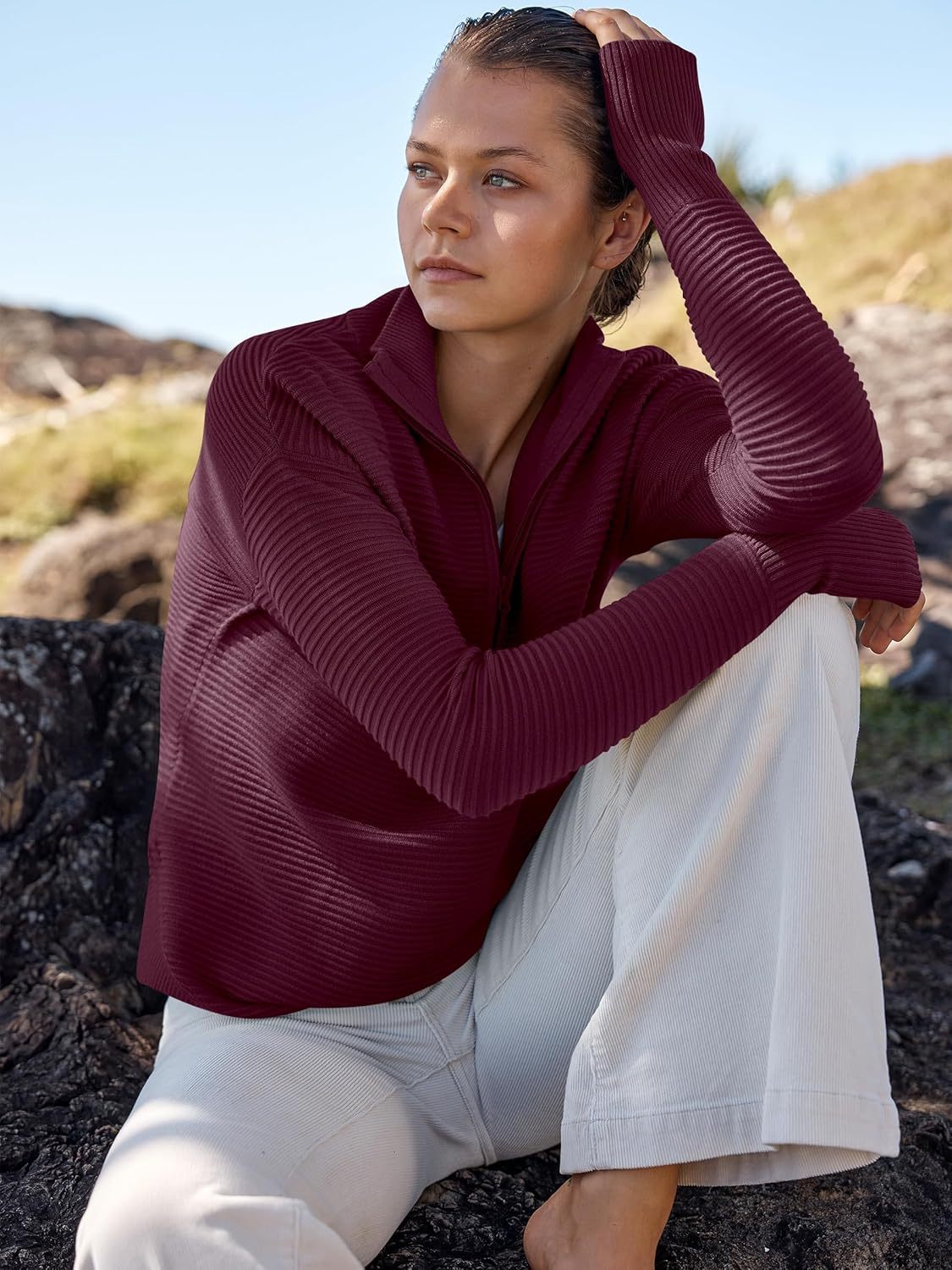 Womens Long Sleeve Quarter Zip Pullover Sweater Casual Loose V Neck Collared Ribbed Knit Jumper Tops Thumb Hole