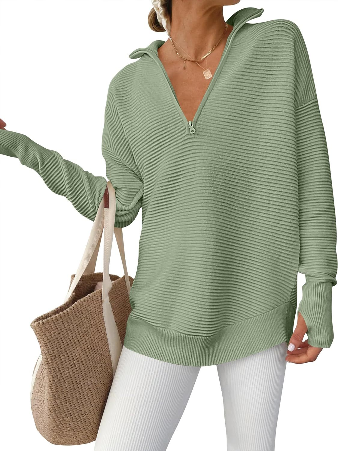 Womens Long Sleeve Quarter Zip Pullover Sweater Casual Loose V Neck Collared Ribbed Knit Jumper Tops Thumb Hole