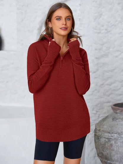  Womens Long Sleeve Quarter Zip Pullover Sweater Casual Loose V Neck Collared Ribbed Knit Jumper Tops Thumb Hole