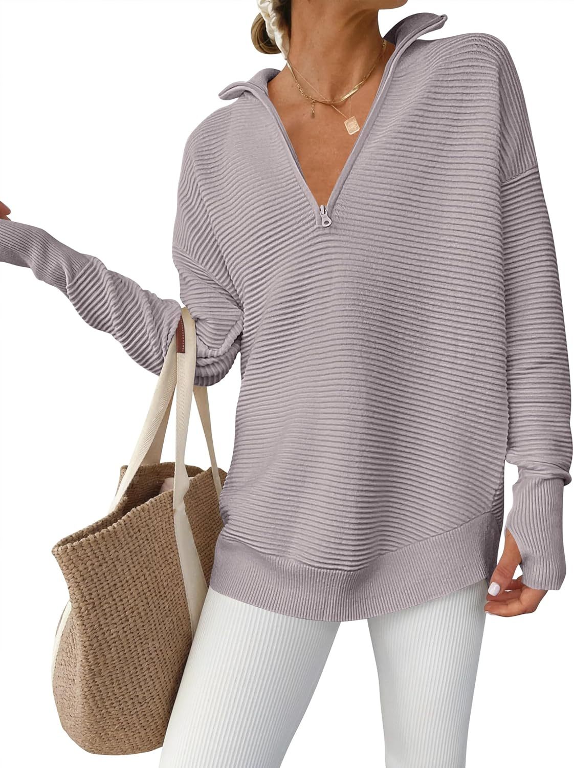 Womens Long Sleeve Quarter Zip Pullover Sweater Casual Loose V Neck Collared Ribbed Knit Jumper Tops Thumb Hole