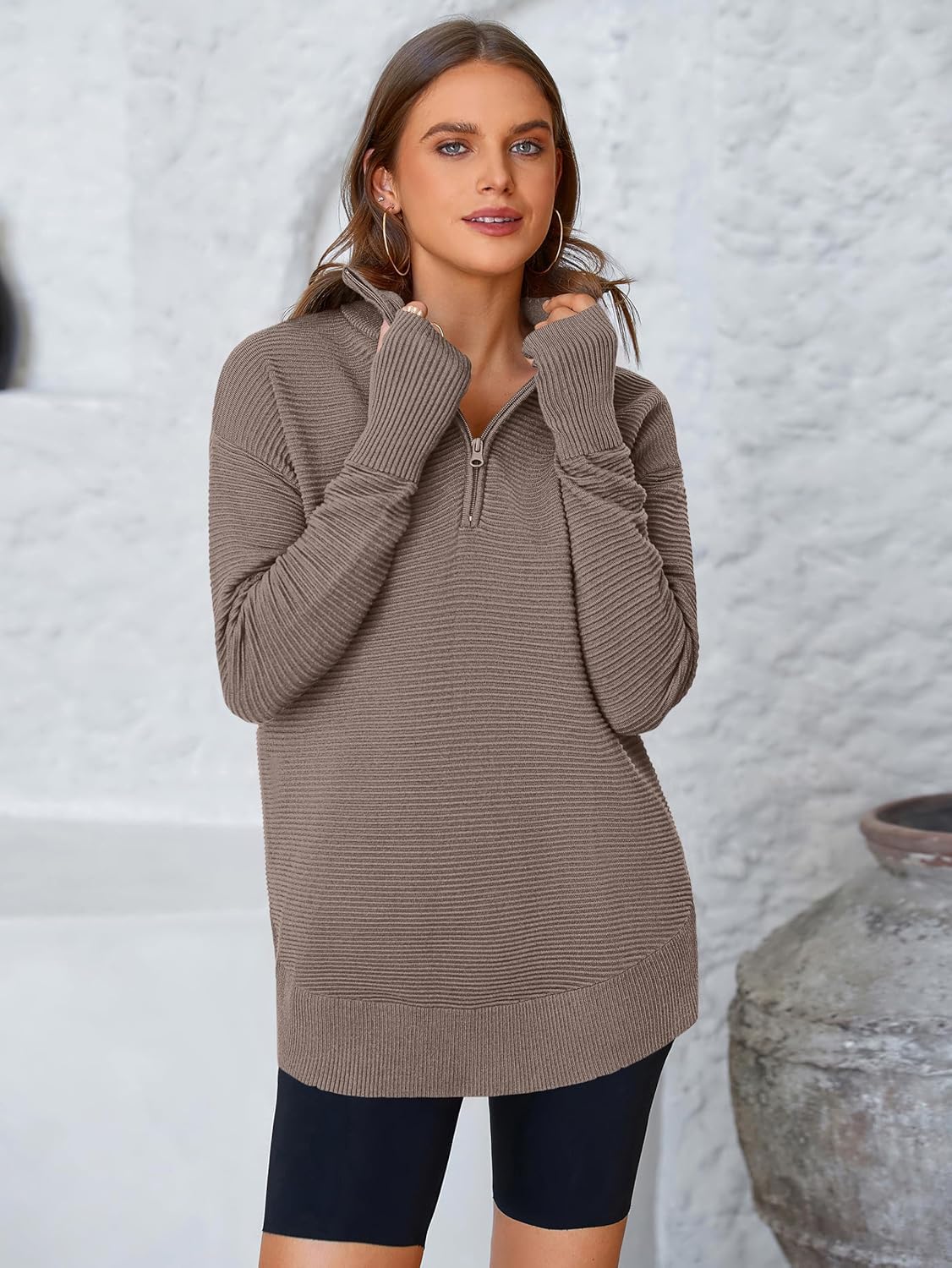  Womens Long Sleeve Quarter Zip Pullover Sweater Casual Loose V Neck Collared Ribbed Knit Jumper Tops Thumb Hole