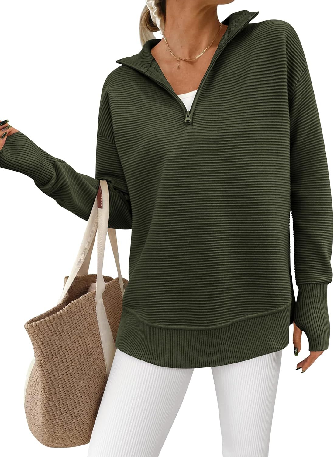  Womens Long Sleeve Quarter Zip Pullover Sweater Casual Loose V Neck Collared Ribbed Knit Jumper Tops Thumb Hole
