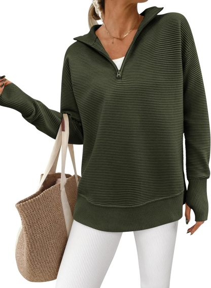  Womens Long Sleeve Quarter Zip Pullover Sweater Casual Loose V Neck Collared Ribbed Knit Jumper Tops Thumb Hole