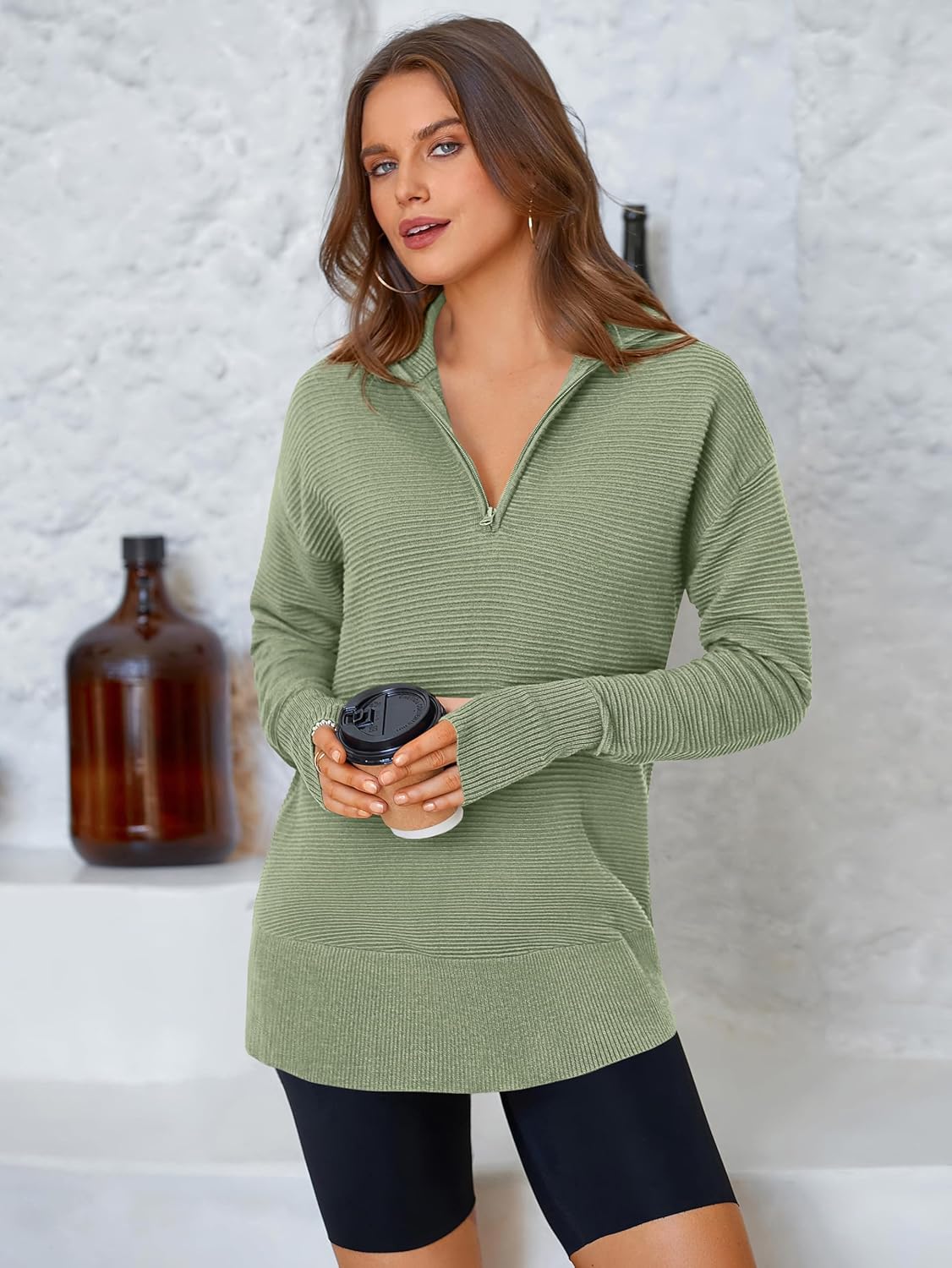  Womens Long Sleeve Quarter Zip Pullover Sweater Casual Loose V Neck Collared Ribbed Knit Jumper Tops Thumb Hole
