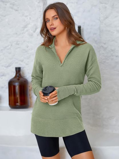  Womens Long Sleeve Quarter Zip Pullover Sweater Casual Loose V Neck Collared Ribbed Knit Jumper Tops Thumb Hole