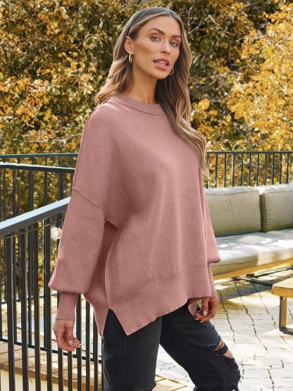Women's Oversized Batwing Sweaters  Trendy Crewneck Knit Side Slit Fashion Pullover Tops