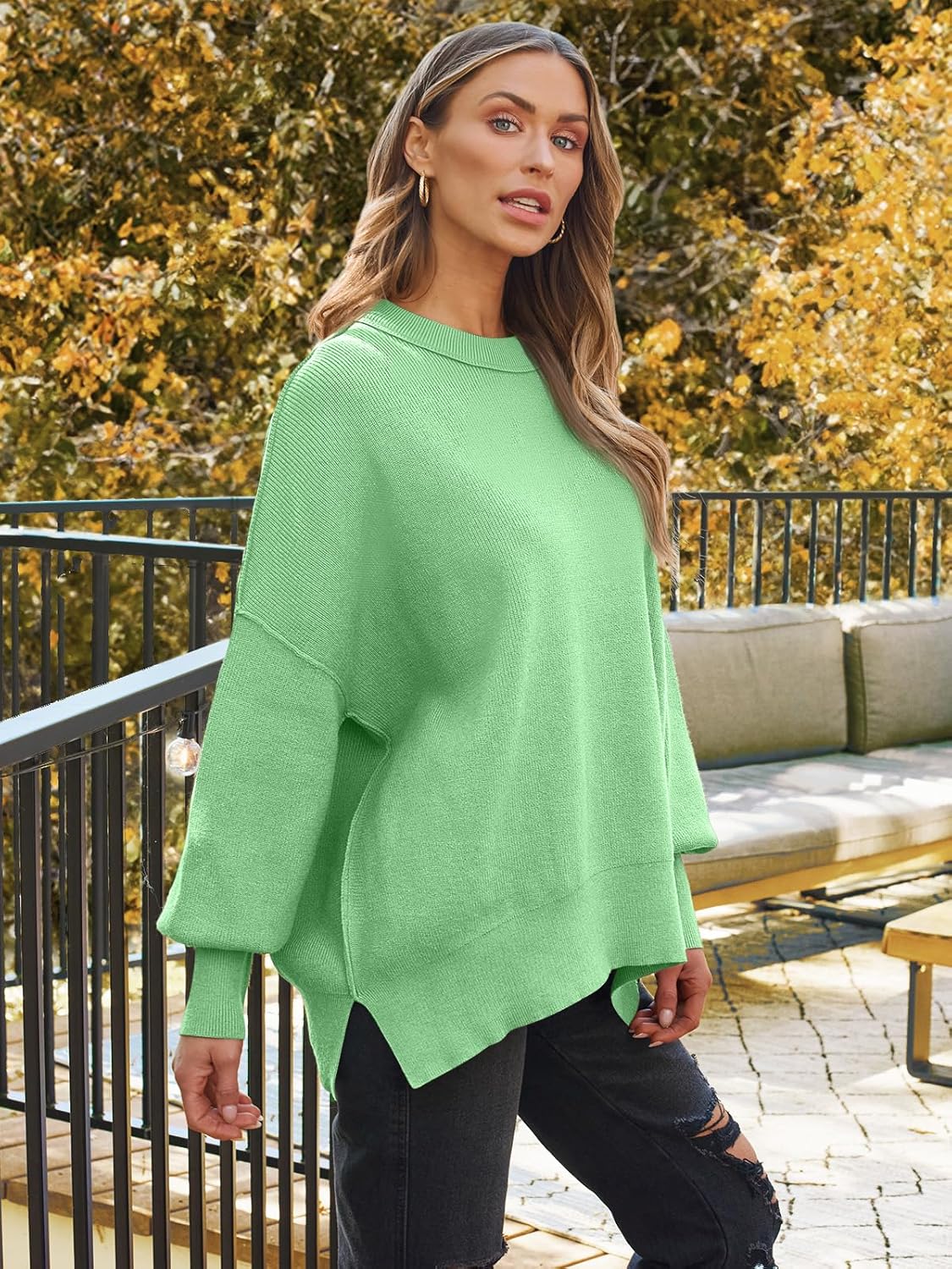 Women's Oversized Batwing Sweaters  Trendy Crewneck Knit Side Slit Fashion Pullover Tops