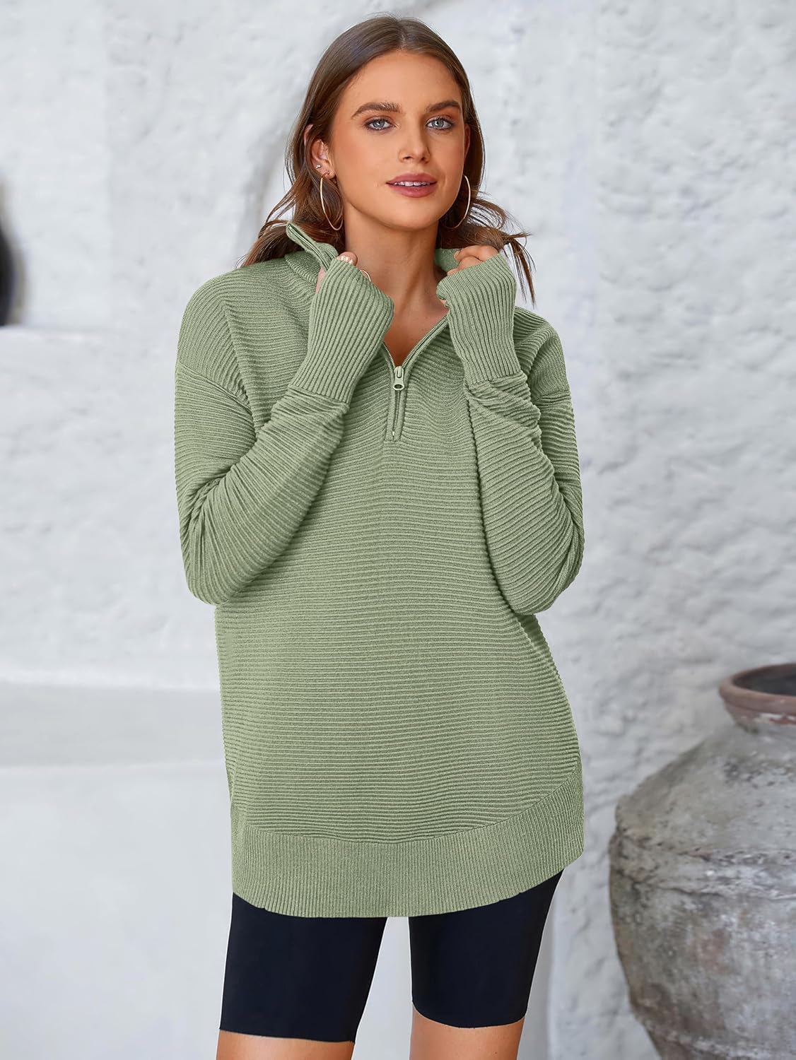  Womens Long Sleeve Quarter Zip Pullover Sweater Casual Loose V Neck Collared Ribbed Knit Jumper Tops Thumb Hole