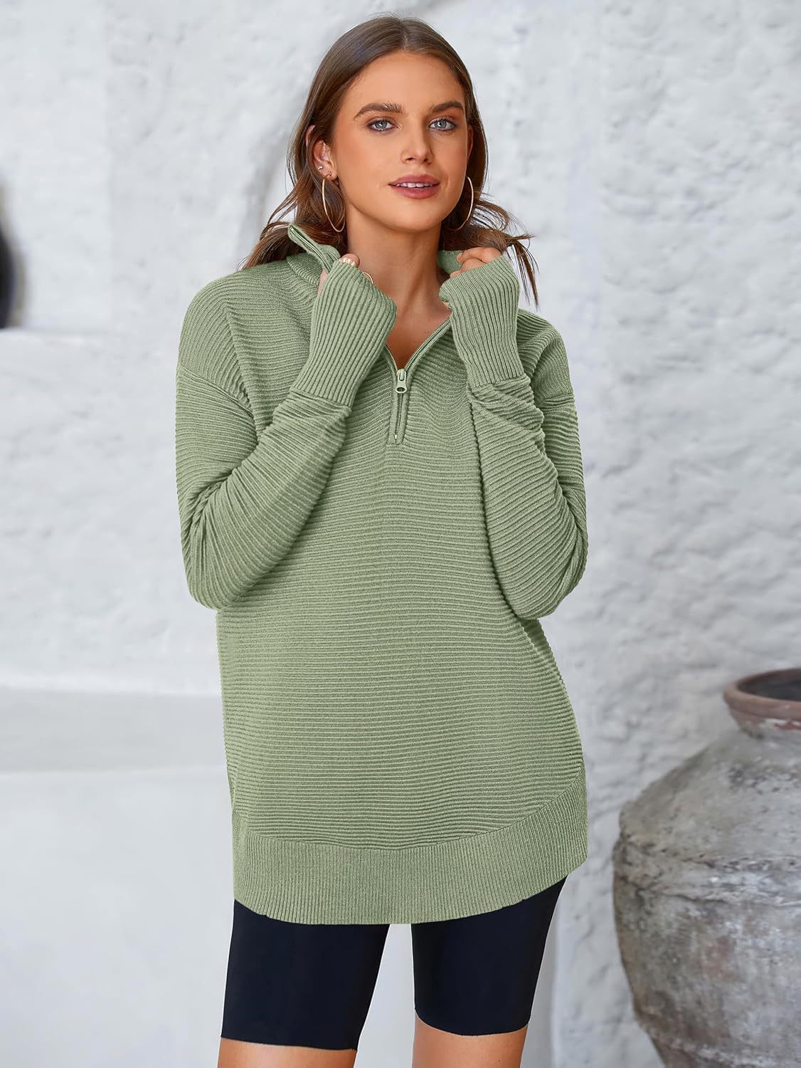 Womens Long Sleeve Quarter Zip Pullover Sweater Casual Loose V Neck Collared Ribbed Knit Jumper Tops Thumb Hole