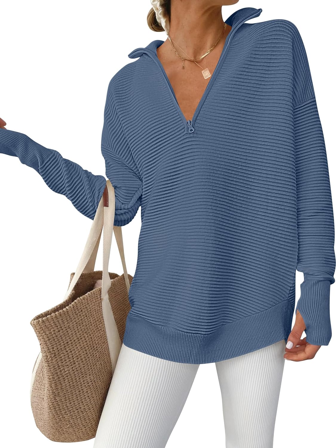 Womens Long Sleeve Quarter Zip Pullover Sweater Casual Loose V Neck Collared Ribbed Knit Jumper Tops Thumb Hole