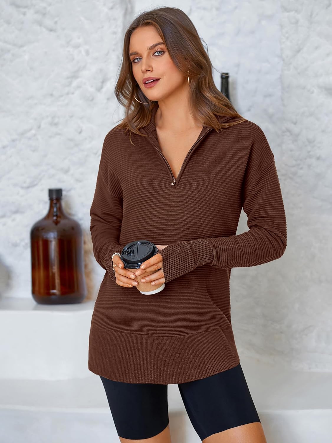 Womens Long Sleeve Quarter Zip Pullover Sweater Casual Loose V Neck Collared Ribbed Knit Jumper Tops Thumb Hole