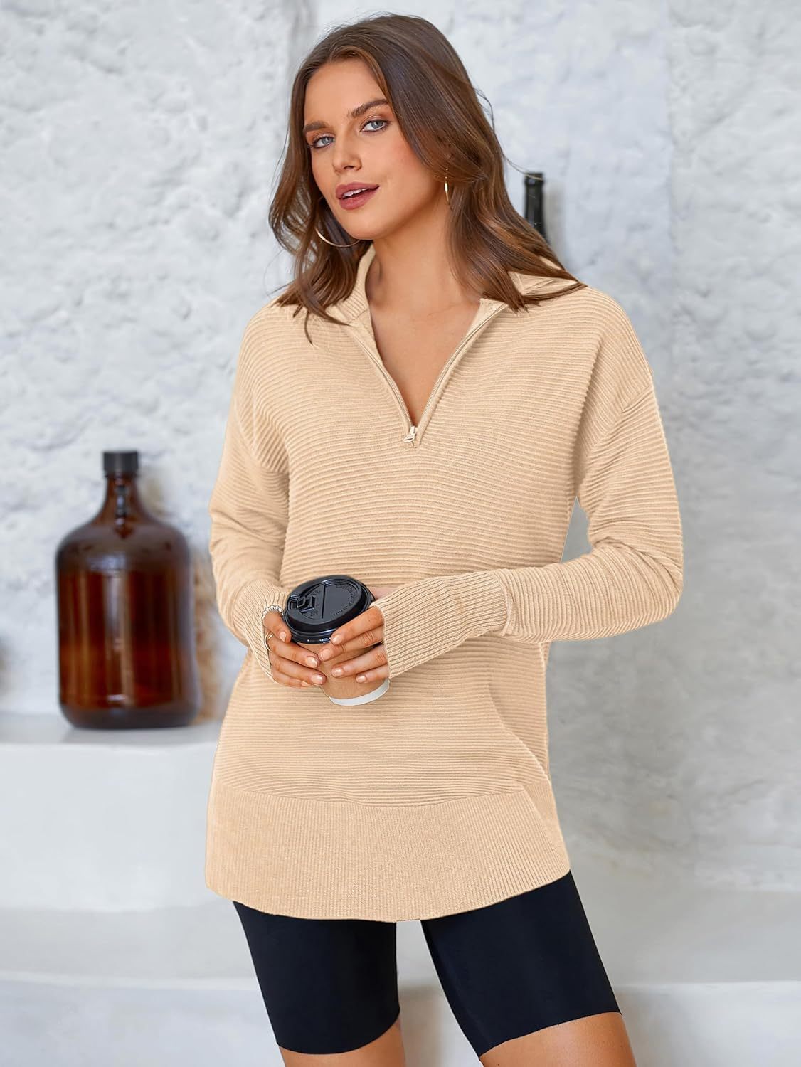  Womens Long Sleeve Quarter Zip Pullover Sweater Casual Loose V Neck Collared Ribbed Knit Jumper Tops Thumb Hole