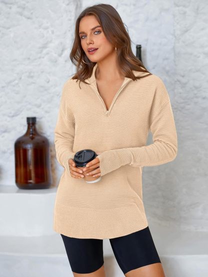  Womens Long Sleeve Quarter Zip Pullover Sweater Casual Loose V Neck Collared Ribbed Knit Jumper Tops Thumb Hole
