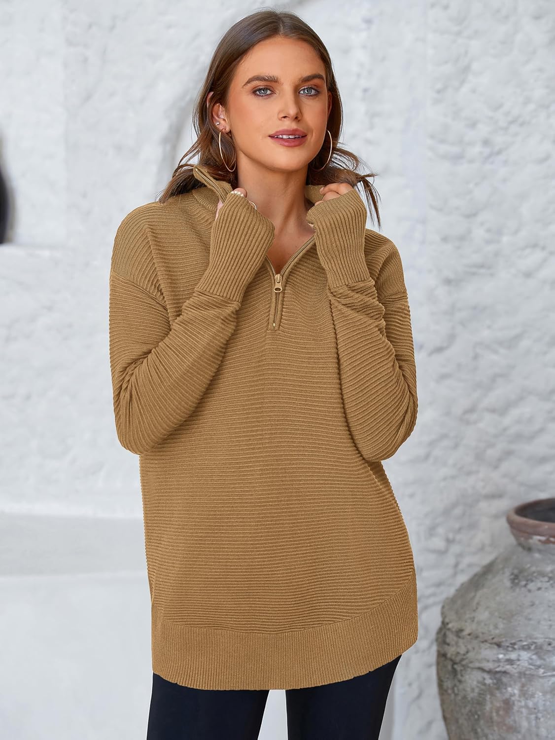  Womens Long Sleeve Quarter Zip Pullover Sweater Casual Loose V Neck Collared Ribbed Knit Jumper Tops Thumb Hole