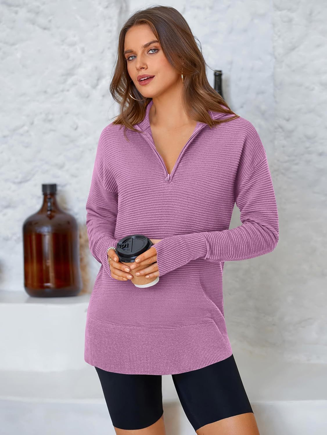  Womens Long Sleeve Quarter Zip Pullover Sweater Casual Loose V Neck Collared Ribbed Knit Jumper Tops Thumb Hole