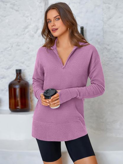  Womens Long Sleeve Quarter Zip Pullover Sweater Casual Loose V Neck Collared Ribbed Knit Jumper Tops Thumb Hole
