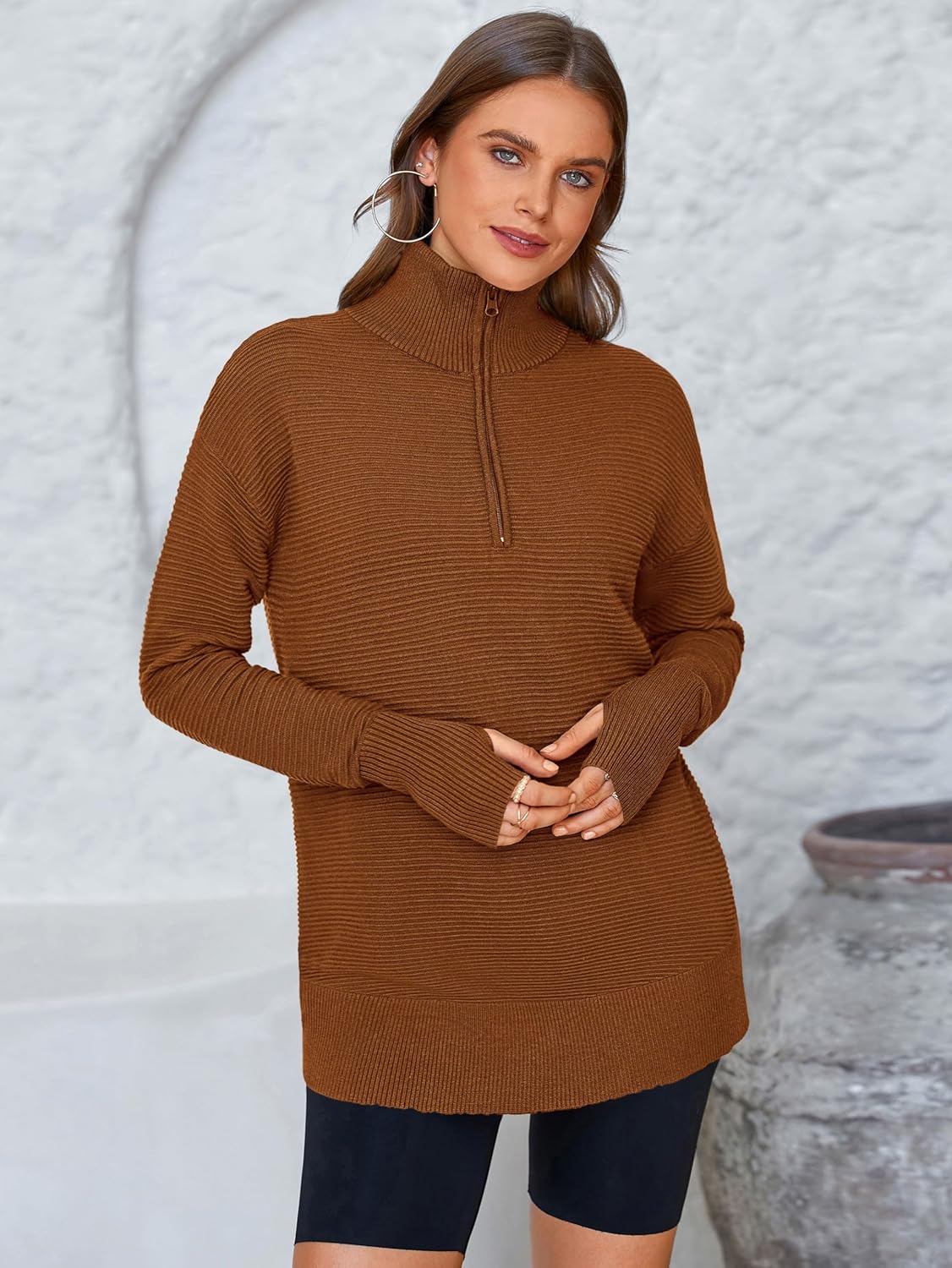  Womens Long Sleeve Quarter Zip Pullover Sweater Casual Loose V Neck Collared Ribbed Knit Jumper Tops Thumb Hole