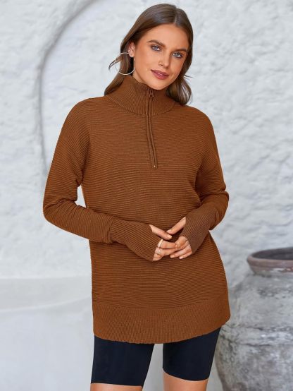  Womens Long Sleeve Quarter Zip Pullover Sweater Casual Loose V Neck Collared Ribbed Knit Jumper Tops Thumb Hole