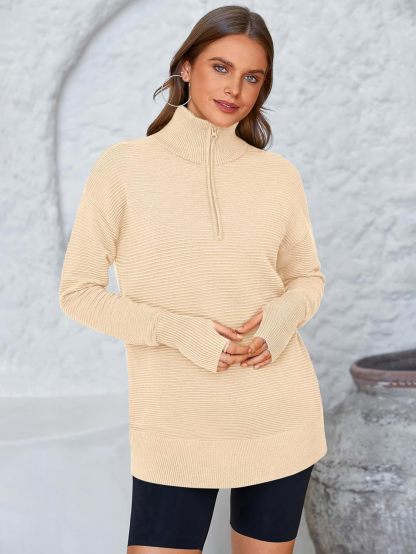  Womens Long Sleeve Quarter Zip Pullover Sweater Casual Loose V Neck Collared Ribbed Knit Jumper Tops Thumb Hole
