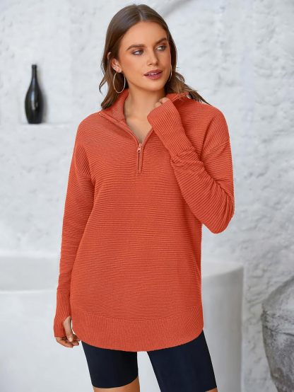  Womens Long Sleeve Quarter Zip Pullover Sweater Casual Loose V Neck Collared Ribbed Knit Jumper Tops Thumb Hole