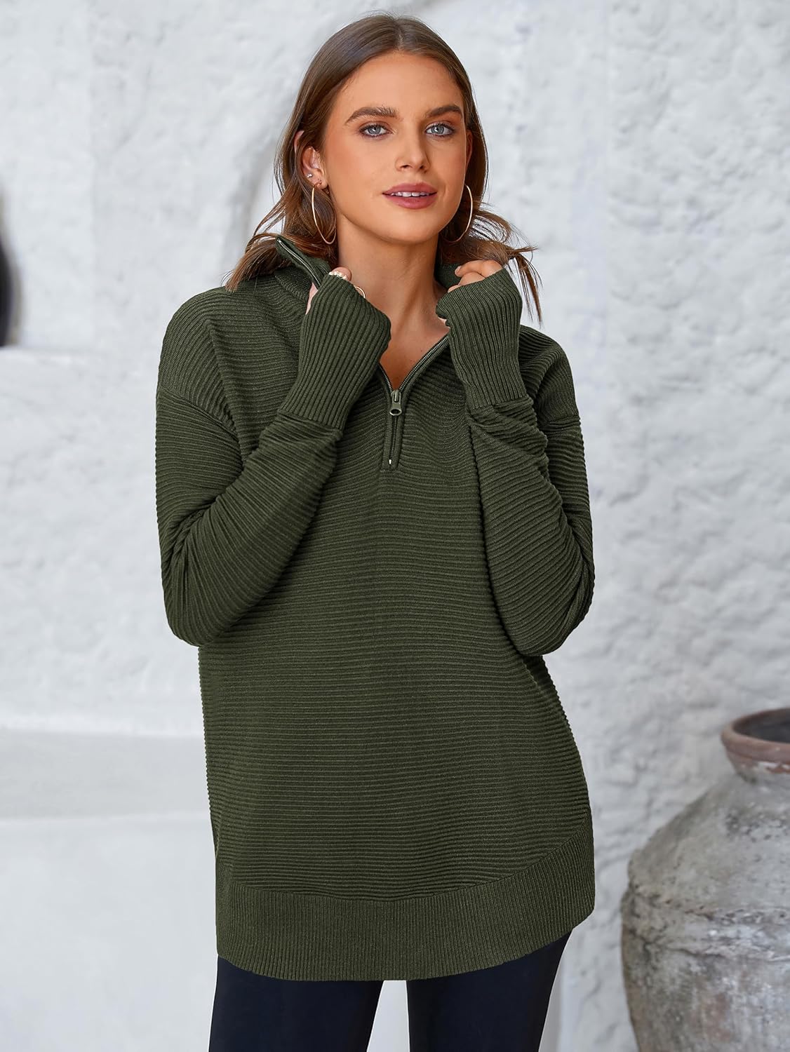  Womens Long Sleeve Quarter Zip Pullover Sweater Casual Loose V Neck Collared Ribbed Knit Jumper Tops Thumb Hole