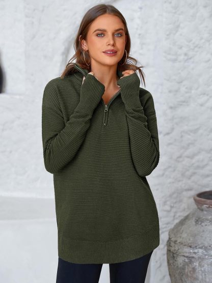  Womens Long Sleeve Quarter Zip Pullover Sweater Casual Loose V Neck Collared Ribbed Knit Jumper Tops Thumb Hole