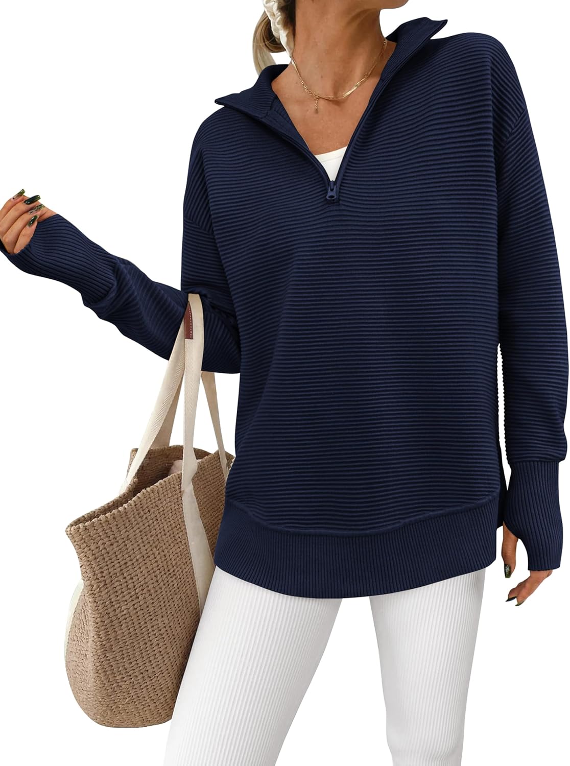  Womens Long Sleeve Quarter Zip Pullover Sweater Casual Loose V Neck Collared Ribbed Knit Jumper Tops Thumb Hole