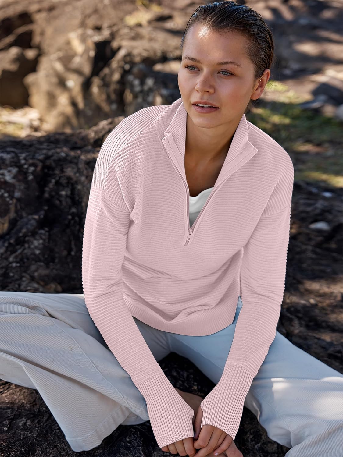 Womens Long Sleeve Quarter Zip Pullover Sweater Casual Loose V Neck Collared Ribbed Knit Jumper Tops Thumb Hole