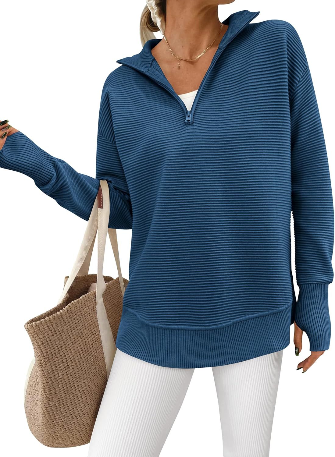  Womens Long Sleeve Quarter Zip Pullover Sweater Casual Loose V Neck Collared Ribbed Knit Jumper Tops Thumb Hole