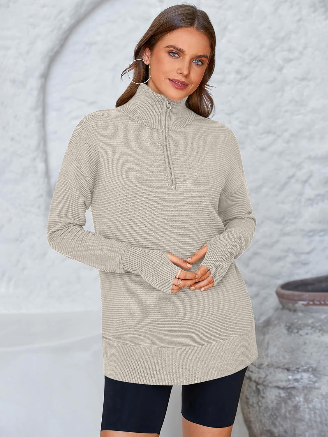  Womens Long Sleeve Quarter Zip Pullover Sweater Casual Loose V Neck Collared Ribbed Knit Jumper Tops Thumb Hole