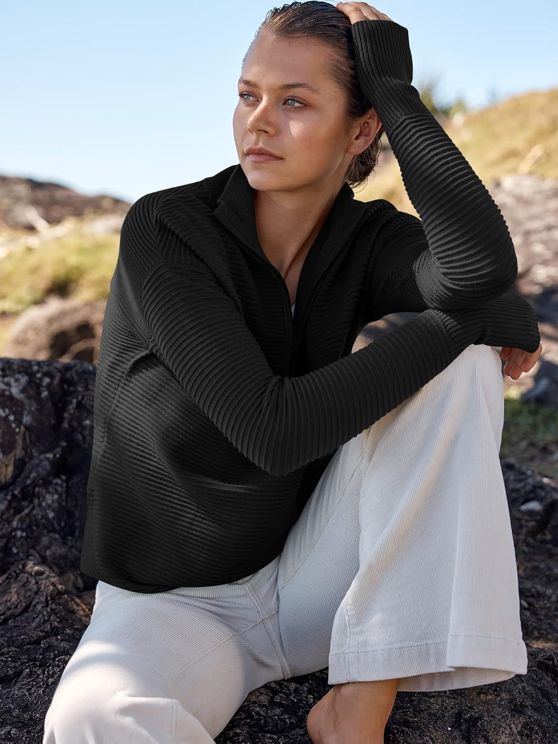 Womens Long Sleeve Quarter Zip Pullover Sweater Casual Loose V Neck Collared Ribbed Knit Jumper Tops Thumb Hole