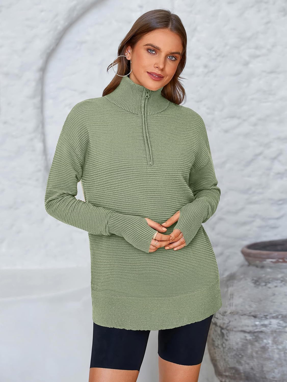  Womens Long Sleeve Quarter Zip Pullover Sweater Casual Loose V Neck Collared Ribbed Knit Jumper Tops Thumb Hole