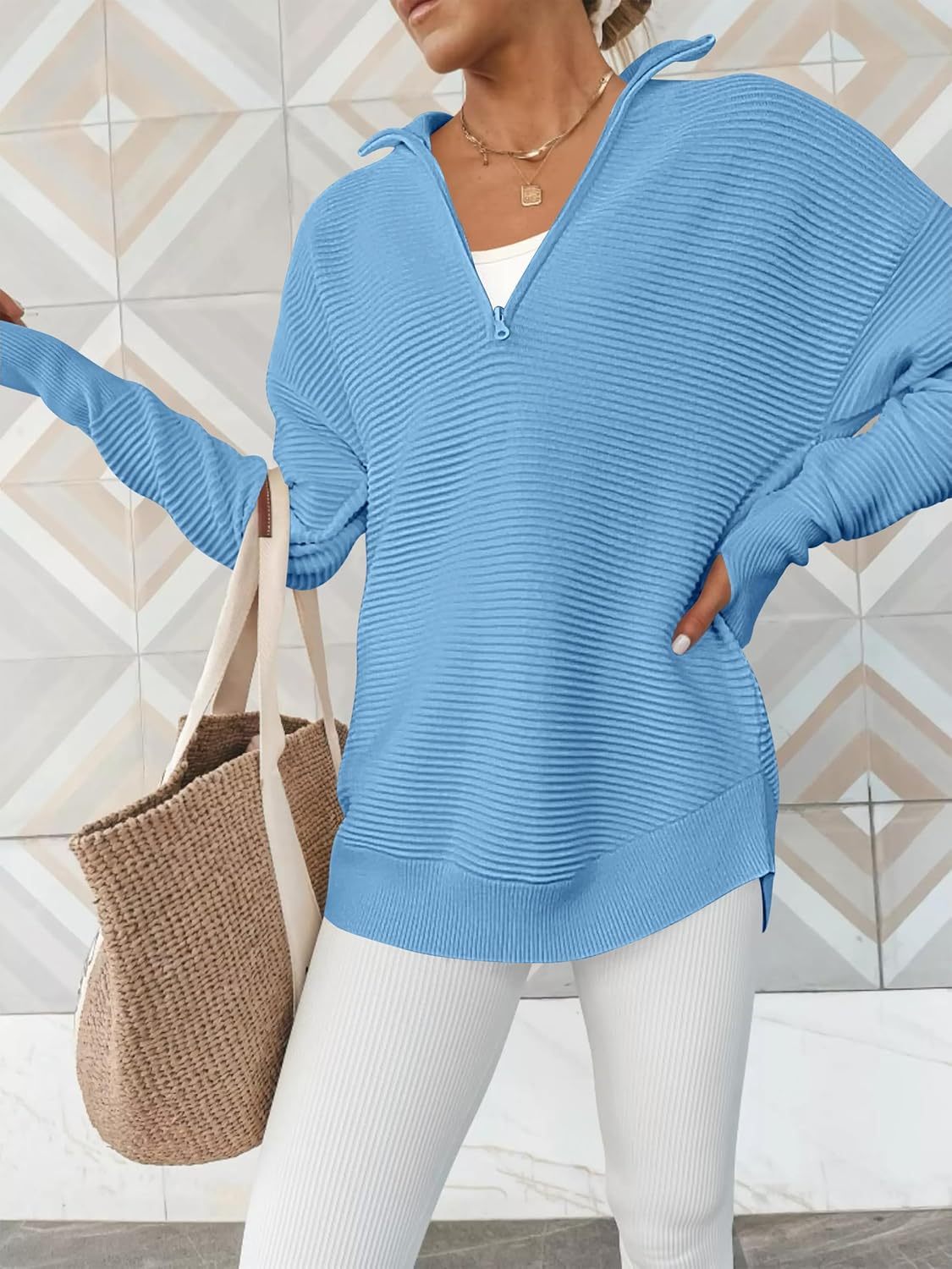 Womens Long Sleeve Quarter Zip Pullover Sweater Casual Loose V Neck Collared Ribbed Knit Jumper Tops Thumb Hole