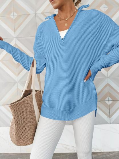 Womens Long Sleeve Quarter Zip Pullover Sweater Casual Loose V Neck Collared Ribbed Knit Jumper Tops Thumb Hole