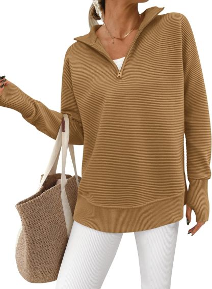  Womens Long Sleeve Quarter Zip Pullover Sweater Casual Loose V Neck Collared Ribbed Knit Jumper Tops Thumb Hole